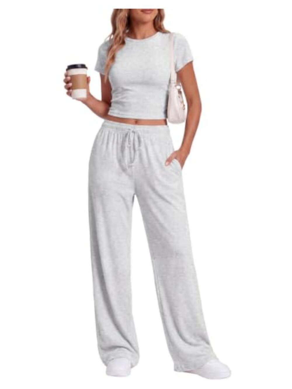 Women 2 Piece Lounge Set Ruched Top Wide Leg Pants Travel Vacation